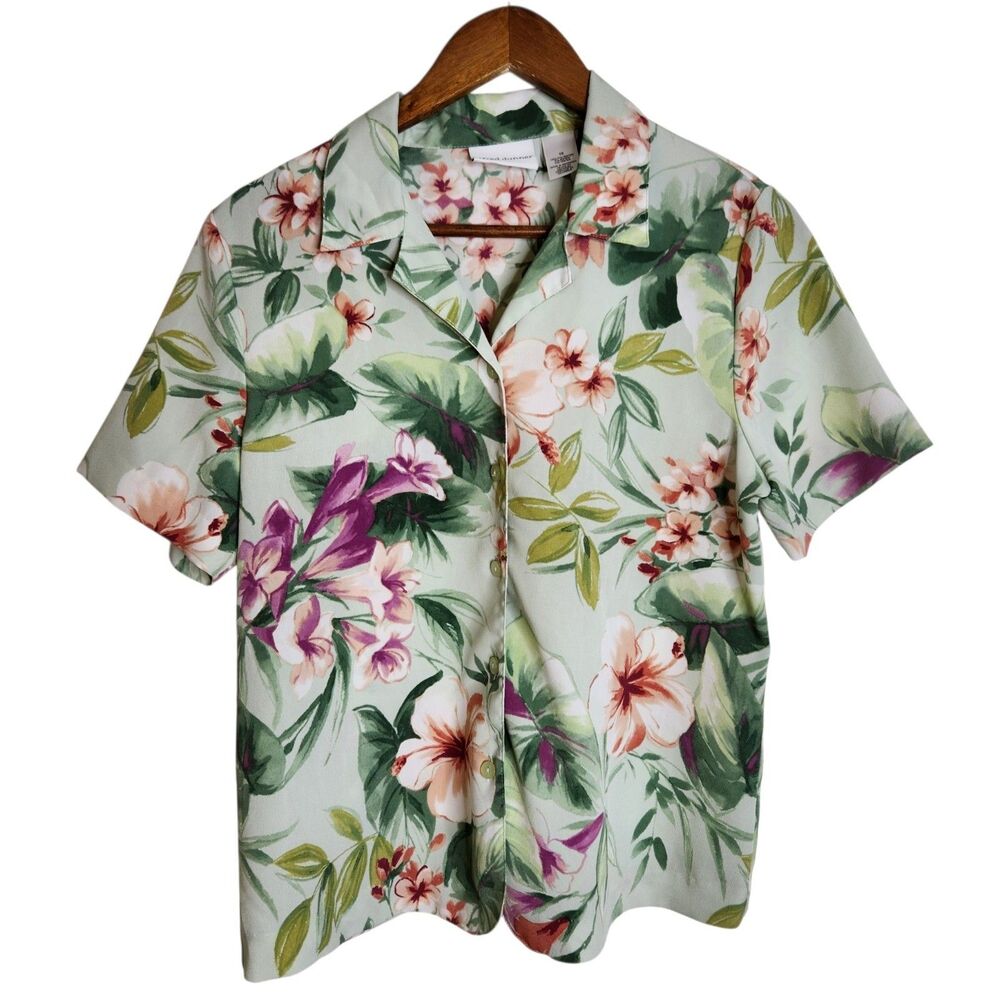 Alfred Dunner Womens Size 10 Tropical Hawaiian Floral Print Button Up SS Shirt